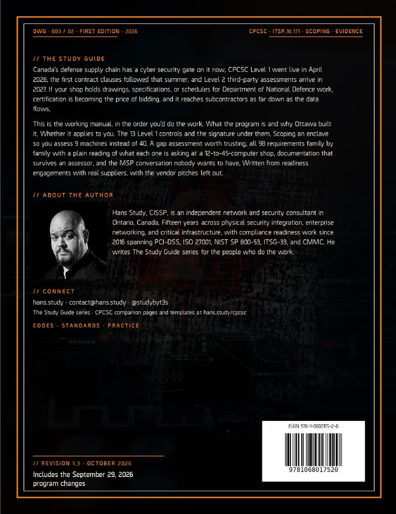 Back cover of The Study Guide to CPCSC Readiness by Hans Study, CISSP: the book summary, an author photo and bio, revision 1.3, October 2026, and the ISBN 978-1-0680175-2-0 barcode.